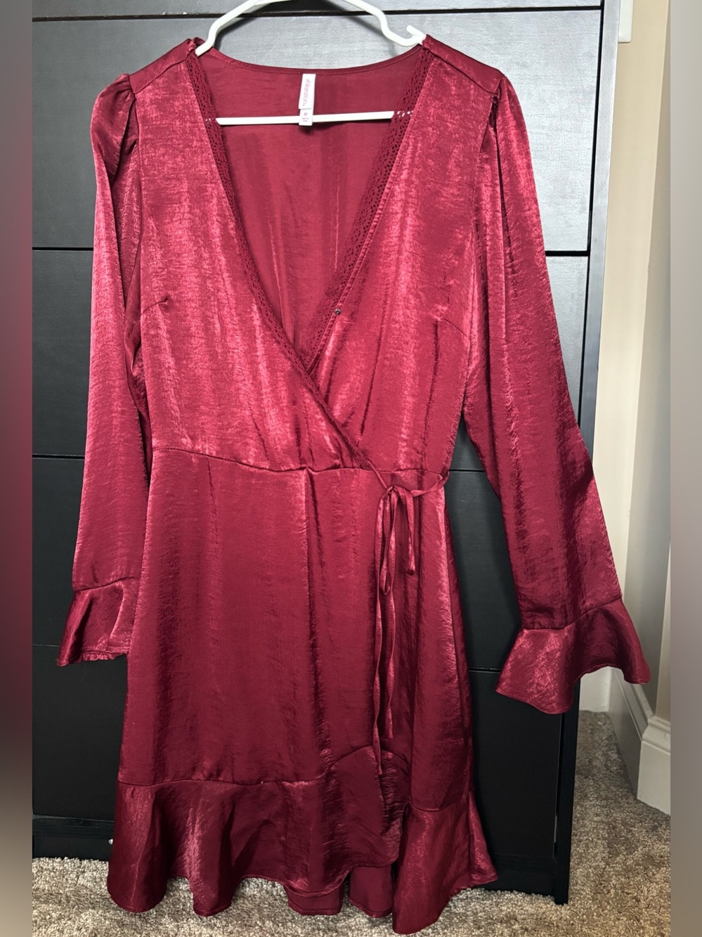 Xhilaration Burgundy Satin Wrap Dress with Ruffle Hem